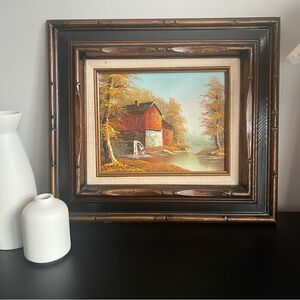 Framed Watermill Oil Painting | Rustic Autumn Landscape Cabin Scene